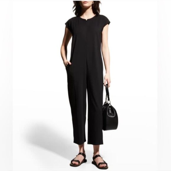 Eileen Fisher Black Cap Sleeve Zip Front Ponte Lantern Jumpsuit Size L - Picture 1 of 10